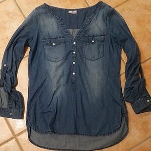 Distressed Jean Denim 100% Cotton Button-Up Top